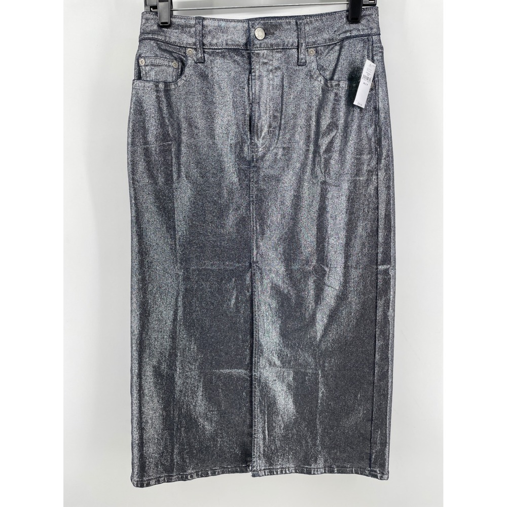 Gap Denim Midi Skirt Women 2P Silver Metallic Futuristic Glam Holiday Party NEW